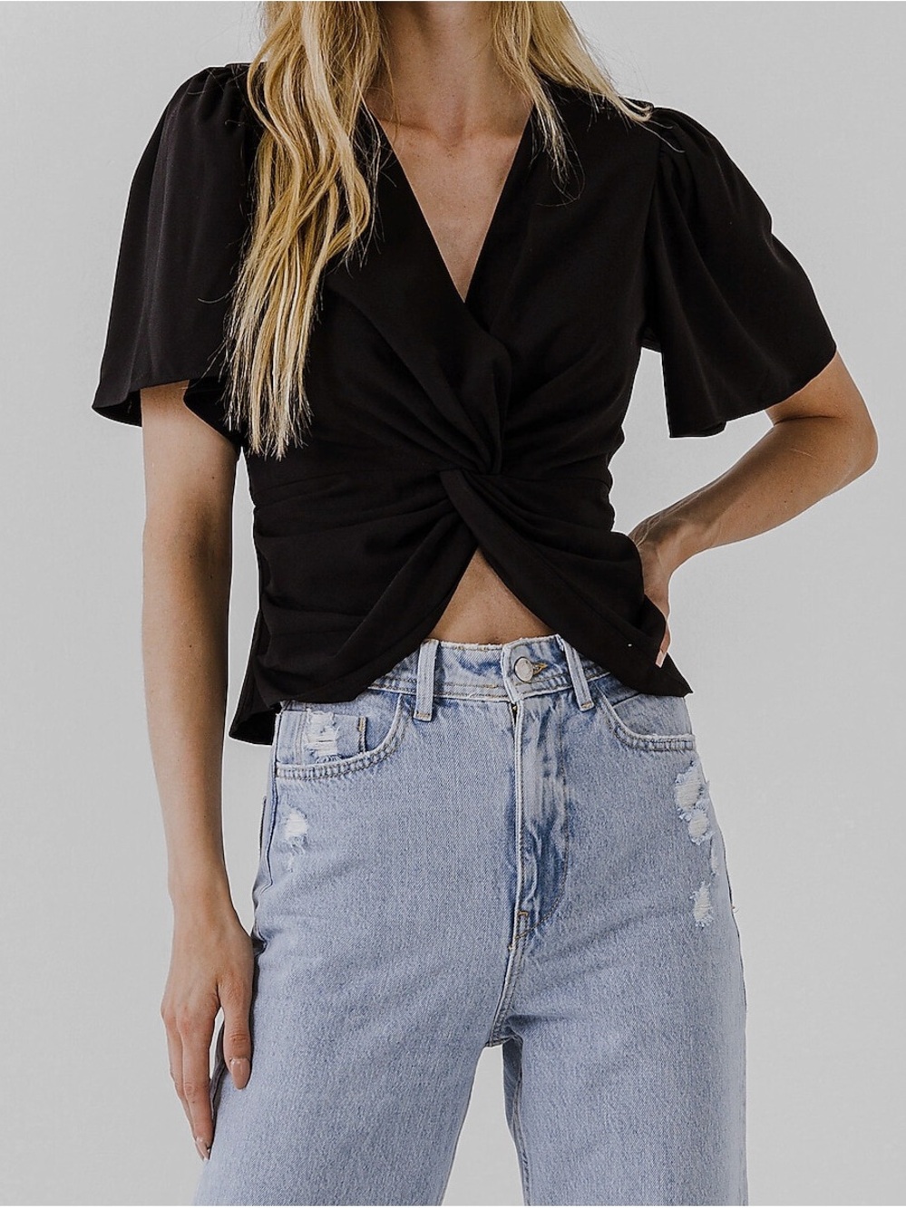 Endless Rose Black Short Sleeve Front Knot Blouse